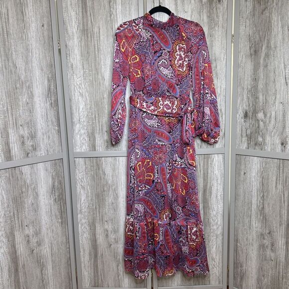 Tahari Maxi Dress Bohemian Paisley Ruffle Long Sleeves Size 6 NWT - Picture 1 of 14